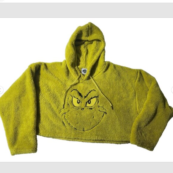 The Grinch Fleece Hoodie Crop Top Dr Seuss Size XL Green Big Grinch Face - Picture 3 of 13